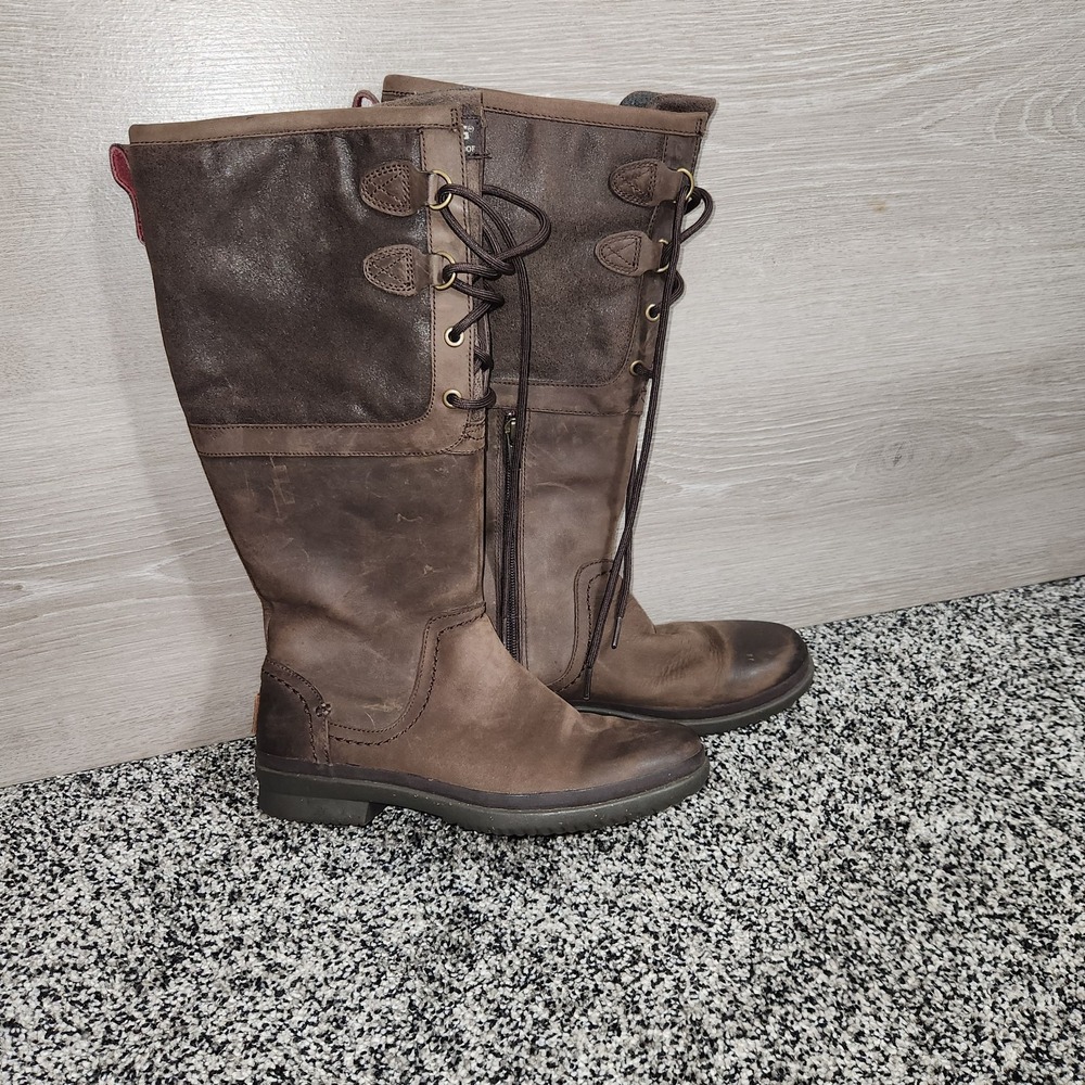 UGG ELSA Winter Tall Lace Up Side Zipper Boot Brown Leather Women's US 7 EU 38